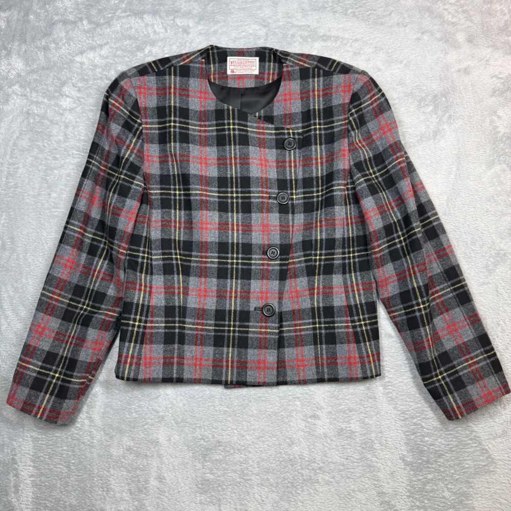 Vintage Pendleton Plaid Blazer Jacket Women 12 P Grey Red Wool P402-110 80s